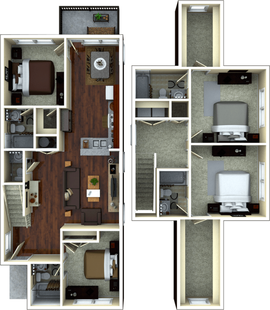 A 3D image of the 4BR/4.5BA – Brookshire Elite floorplan, a 1666 squarefoot, 4 bed / 4.5 bath unit