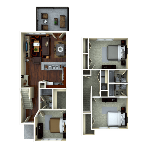 A 3D image of the 3BR/3BA – Fairview Elite floorplan, a 1359 squarefoot, 3 bed / 3 bath unit