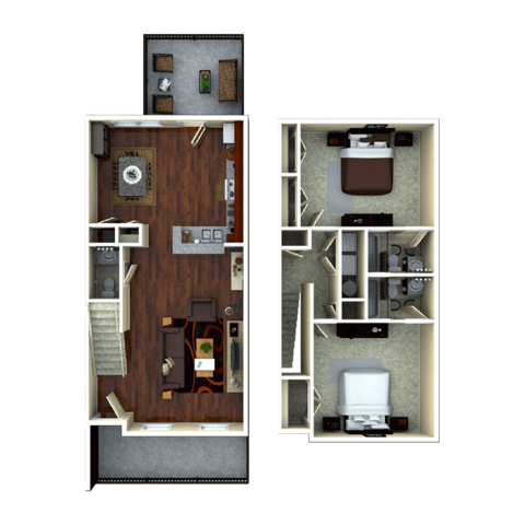 A 3D image of the 2BR/2BA – Birchmore Elite floorplan, a 1251 squarefoot, 2 bed / 2.5 bath unit