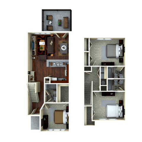 A 3D image of the 3BR/3BA – Fairview Elite Tech floorplan, a 1359 squarefoot, 3 bed / 3 bath unit