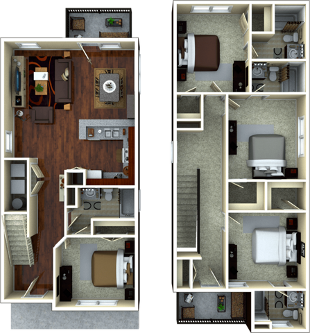 A 3D image of the 4BR/4BA – Bloomfield Elite floorplan, a 1703 squarefoot, 4 bed / 4 bath unit