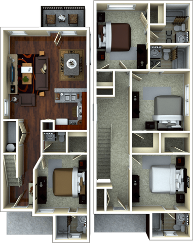 A 3D image of the 4BR/4.5BA – Springmore Elite Tech floorplan, a 1703 squarefoot, 4 bed / 4.5 bath unit