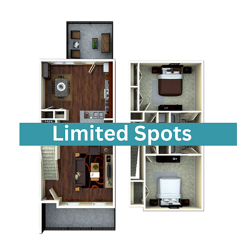 A 3D image of the 2BR/2BA – Birchmore Elite floorplan, a 1251 squarefoot, 2 bed / 2.5 bath unit