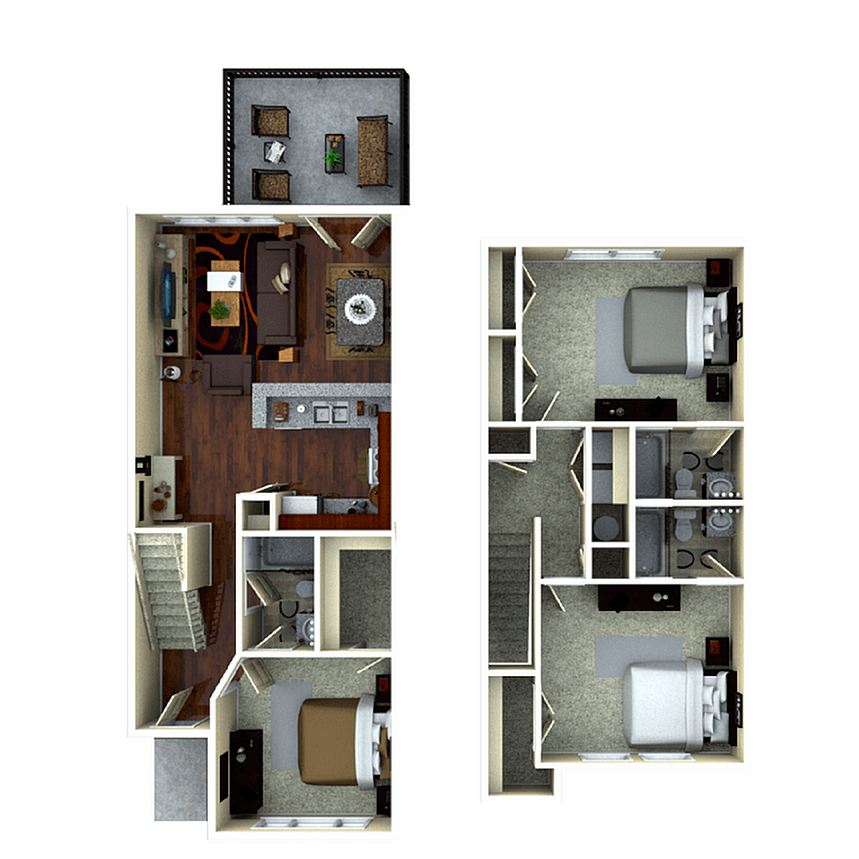 A 3D image of the 3BR/3BA – Fairview Elite floorplan, a 1359 squarefoot, 3 bed / 3 bath unit