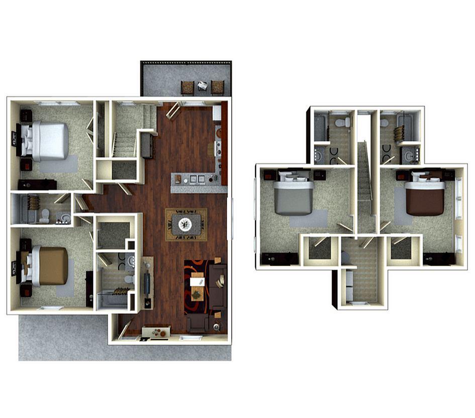 A 3D image of the 4BR/4BA – Thornberry Elite floorplan, a 1642 squarefoot, 4 bed / 4 bath unit