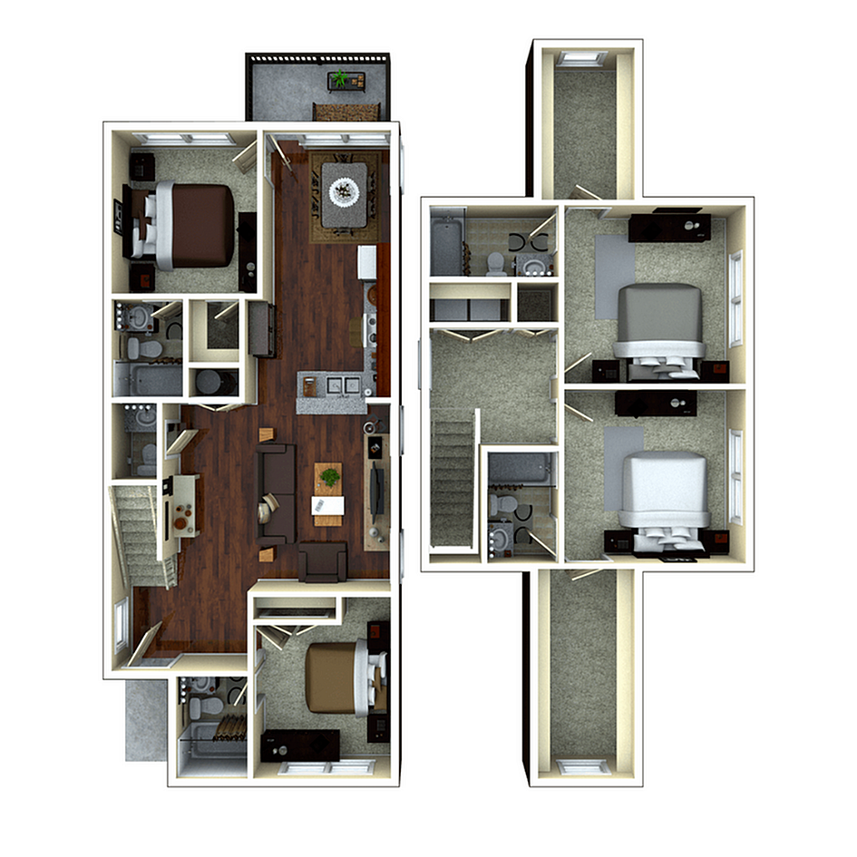 A 3D image of the 4BR/4.5BA – Brookshire Elite floorplan, a 1666 squarefoot, 4 bed / 4.5 bath unit