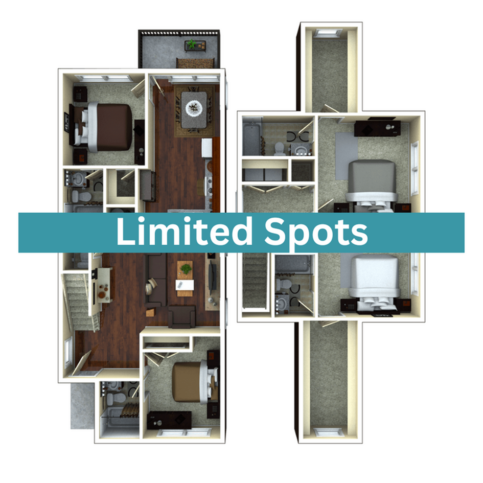 A 3D image of the 4BR/4.5BA – Brookshire Elite Tech floorplan, a 1666 squarefoot, 4 bed / 4.5 bath unit
