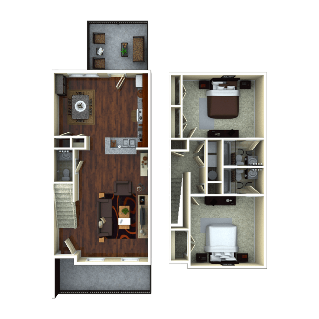 A 3D image of the 2BR/2BA – Birchmore Elite Tech floorplan, a 1251 squarefoot, 2 bed / 2 bath unit