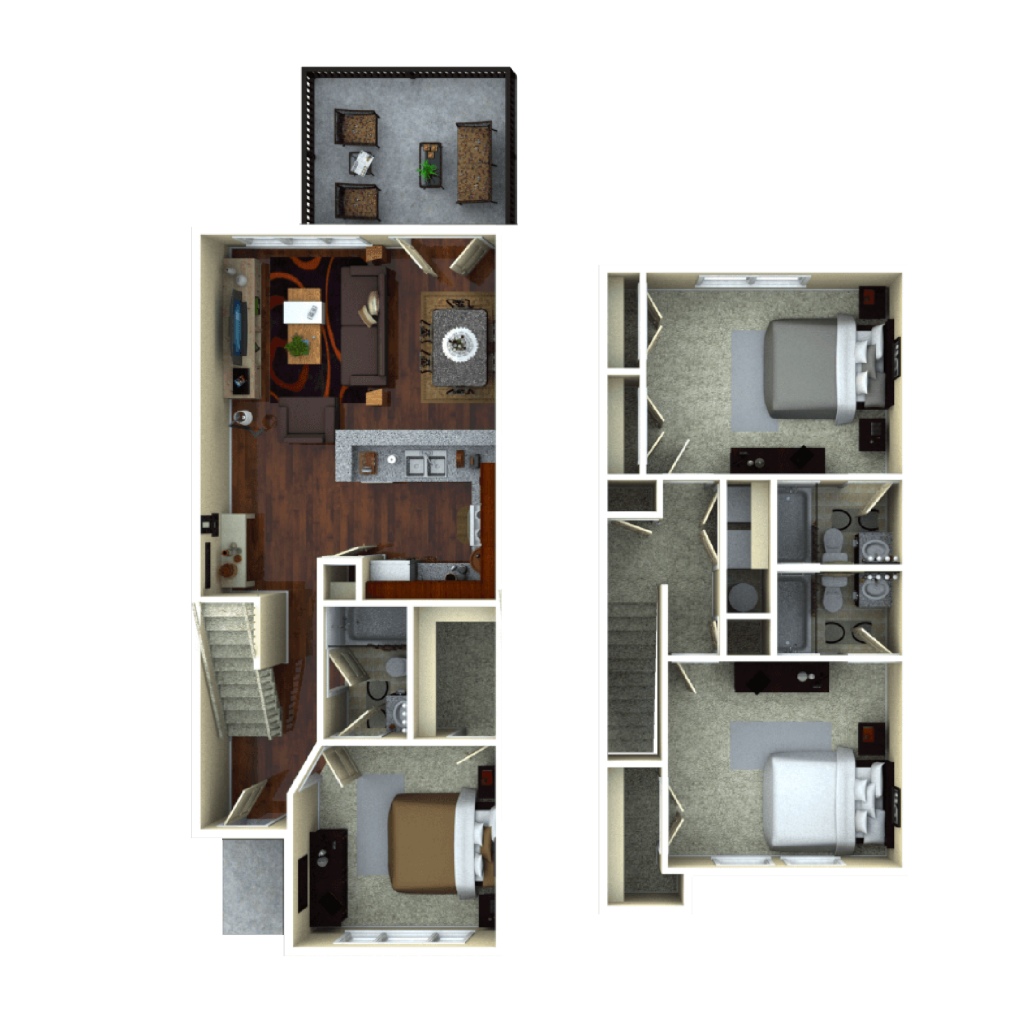 A 3D image of the 3BR/3BA – Fairview Elite Tech floorplan, a 1359 squarefoot, 3 bed / 3 bath unit
