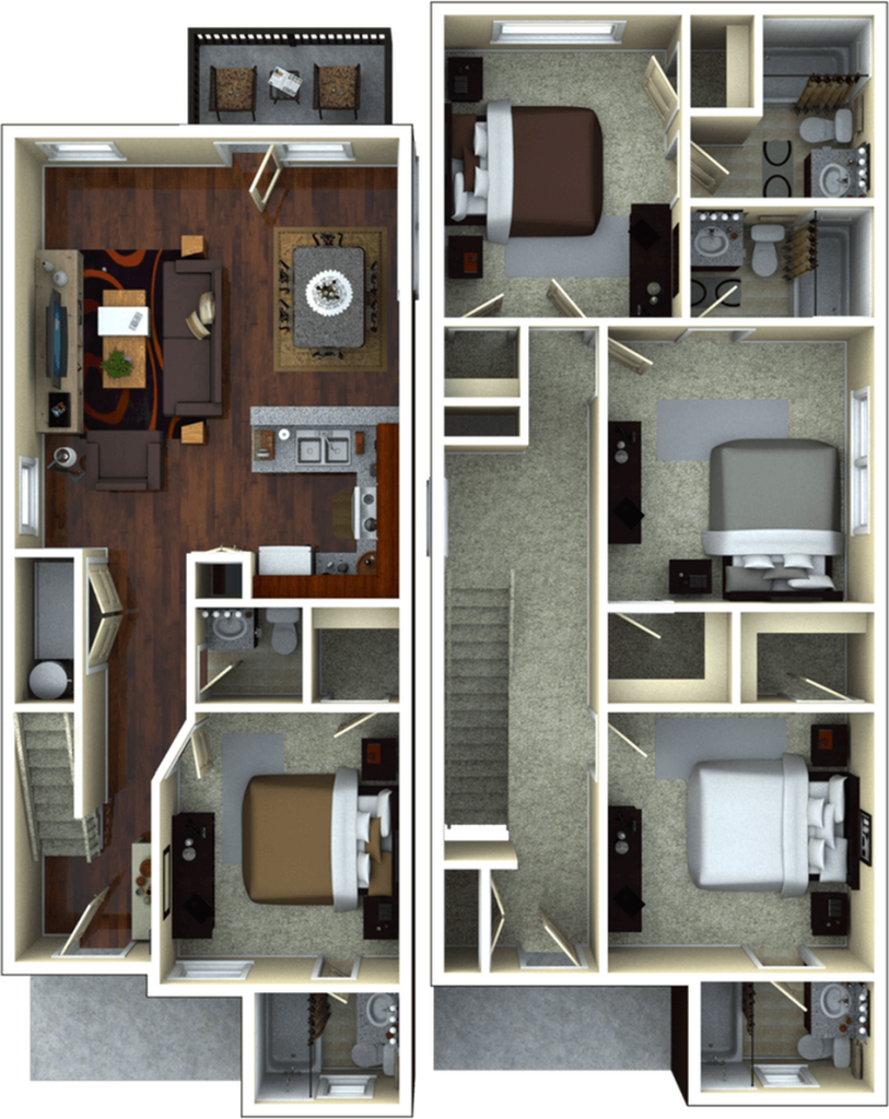 A 3D image of the 4BR/4BA – Bloomfield Elite floorplan, a 1703 squarefoot, 4 bed / 4 bath unit