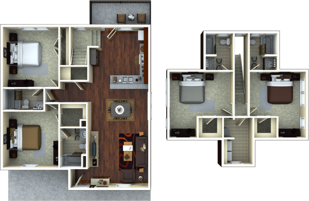 A 3D image of the 4BR/4BA – Thornberry Elite floorplan, a 1642 squarefoot, 4 bed / 4 bath unit