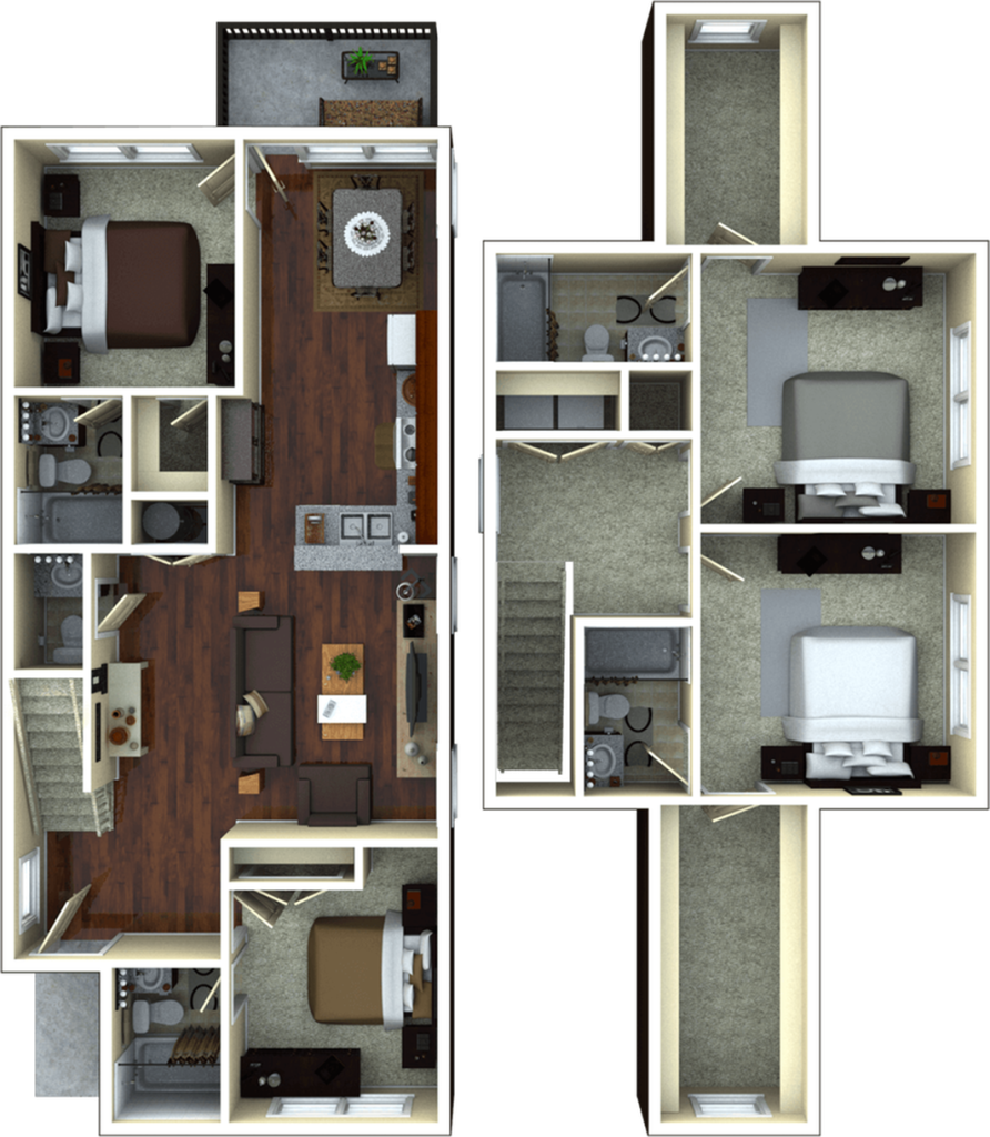 A 3D image of the 4BR/4.5BA – Brookshire Elite Tech floorplan, a 1666 squarefoot, 4 bed / 4.5 bath unit