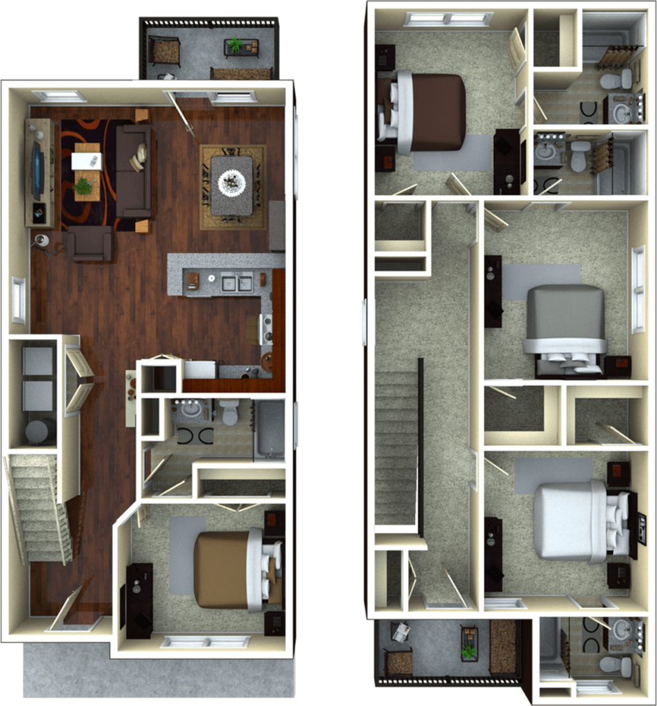 A 3D image of the 4BR/4.5BA – Springmore Elite floorplan, a 1703 squarefoot, 4 bed / 4.5 bath unit