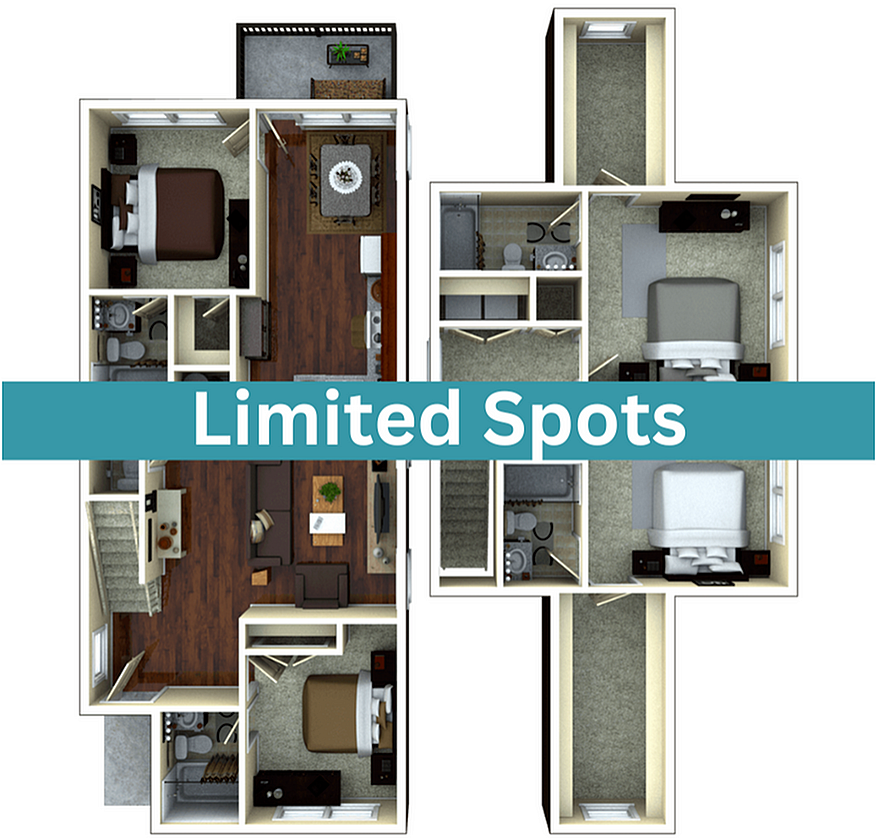 A 3D image of the 4BR/4.5BA – Brookshire Elite Tech floorplan, a 1666 squarefoot, 4 bed / 4.5 bath unit