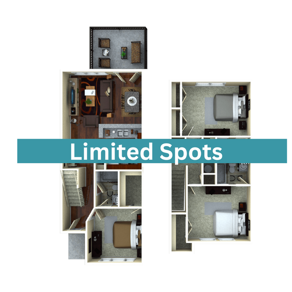 A 3D image of the 3BR/3BA – Fairview Elite floorplan, a 1359 squarefoot, 3 bed / 3 bath unit