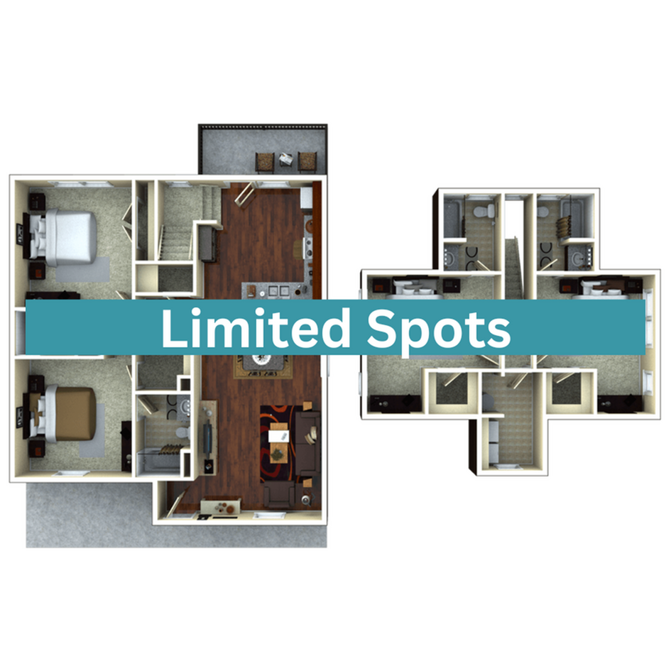 A 3D image of the 4BR/4BA – Thornberry Elite floorplan, a 1642 squarefoot, 4 bed / 4 bath unit