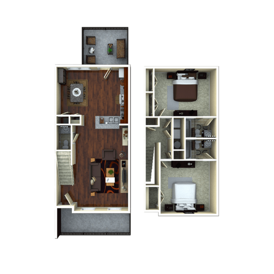 A 3D image of the 2BR/2BA – Birchmore Elite Tech floorplan, a 1251 squarefoot, 2 bed / 2 bath unit