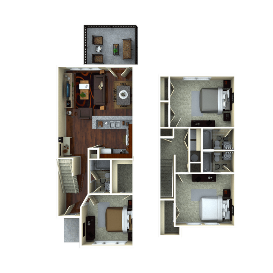 A 3D image of the 3BR/3BA – Fairview Elite Tech floorplan, a 1359 squarefoot, 3 bed / 3 bath unit