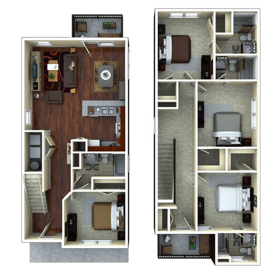 A 3D image of the 4BR/4BA – Bloomfield Elite Tech floorplan, a 1703 squarefoot, 4 bed / 4 bath unit