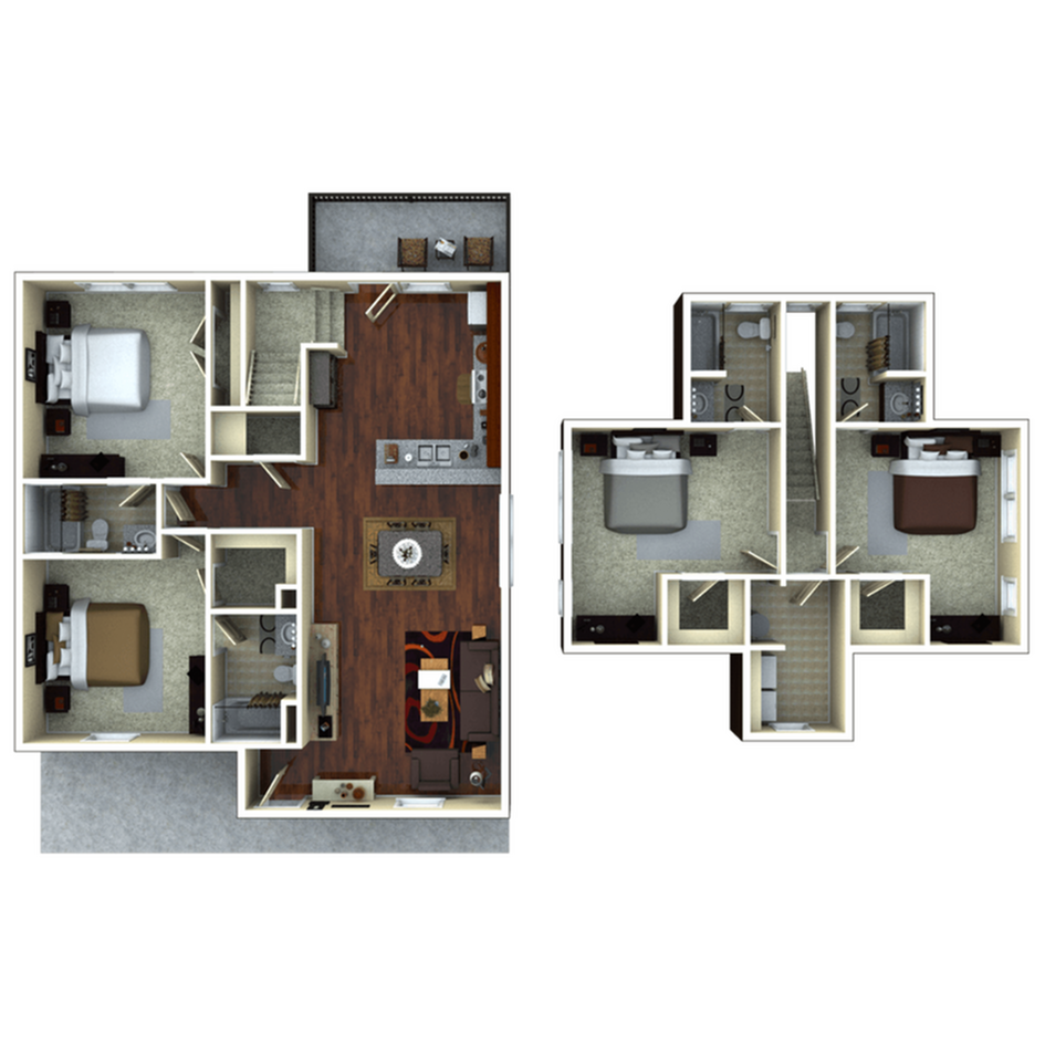 A 3D image of the 4BR/4BA – Thornberry Elite floorplan, a 1642 squarefoot, 4 bed / 4 bath unit