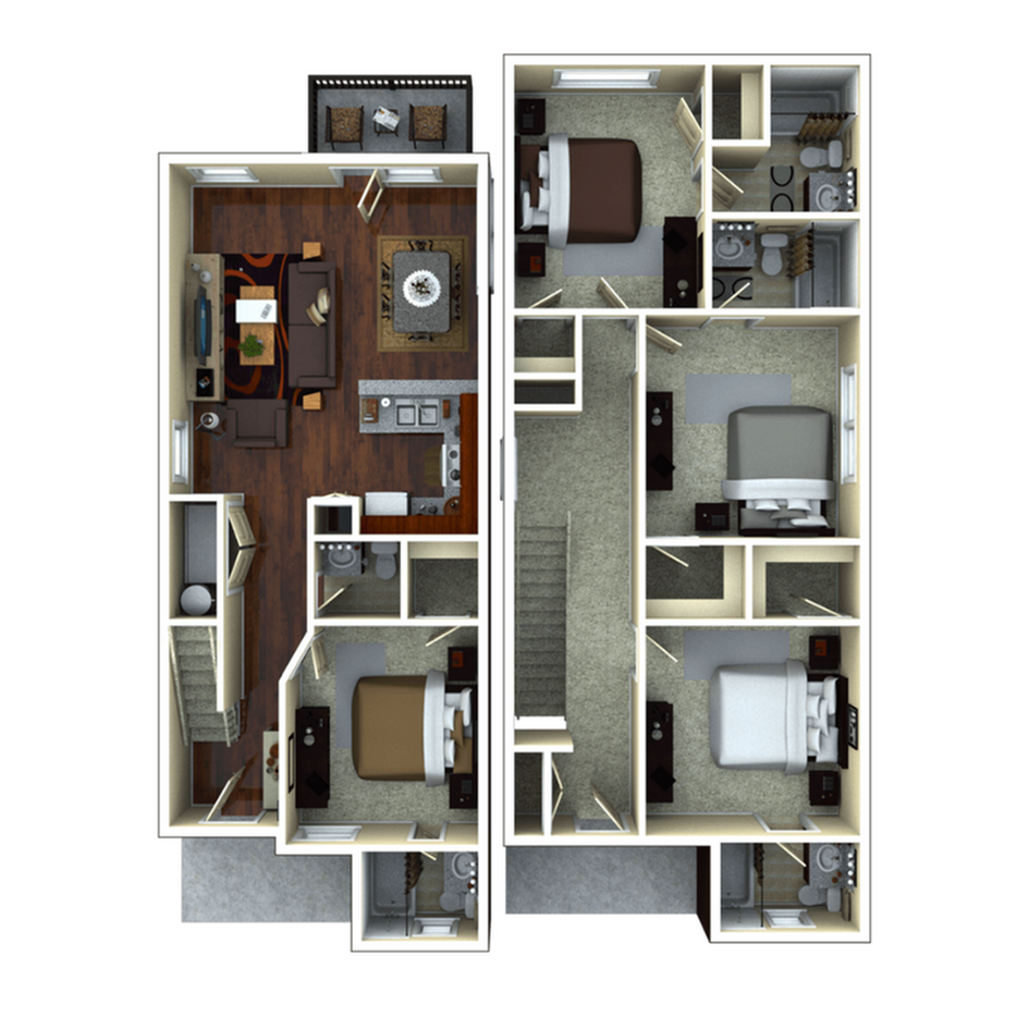 A 3D image of the 4BR/4.5BA – Springmore Elite floorplan, a 1703 squarefoot, 4 bed / 4.5 bath unit